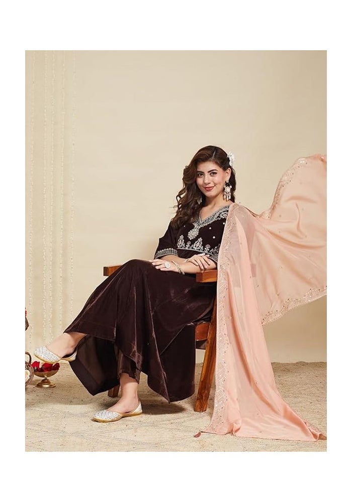 Malishka Export كورتا بانتي أناركالي مطرزة من المخمل مع دوباتا للنساء - Image 1